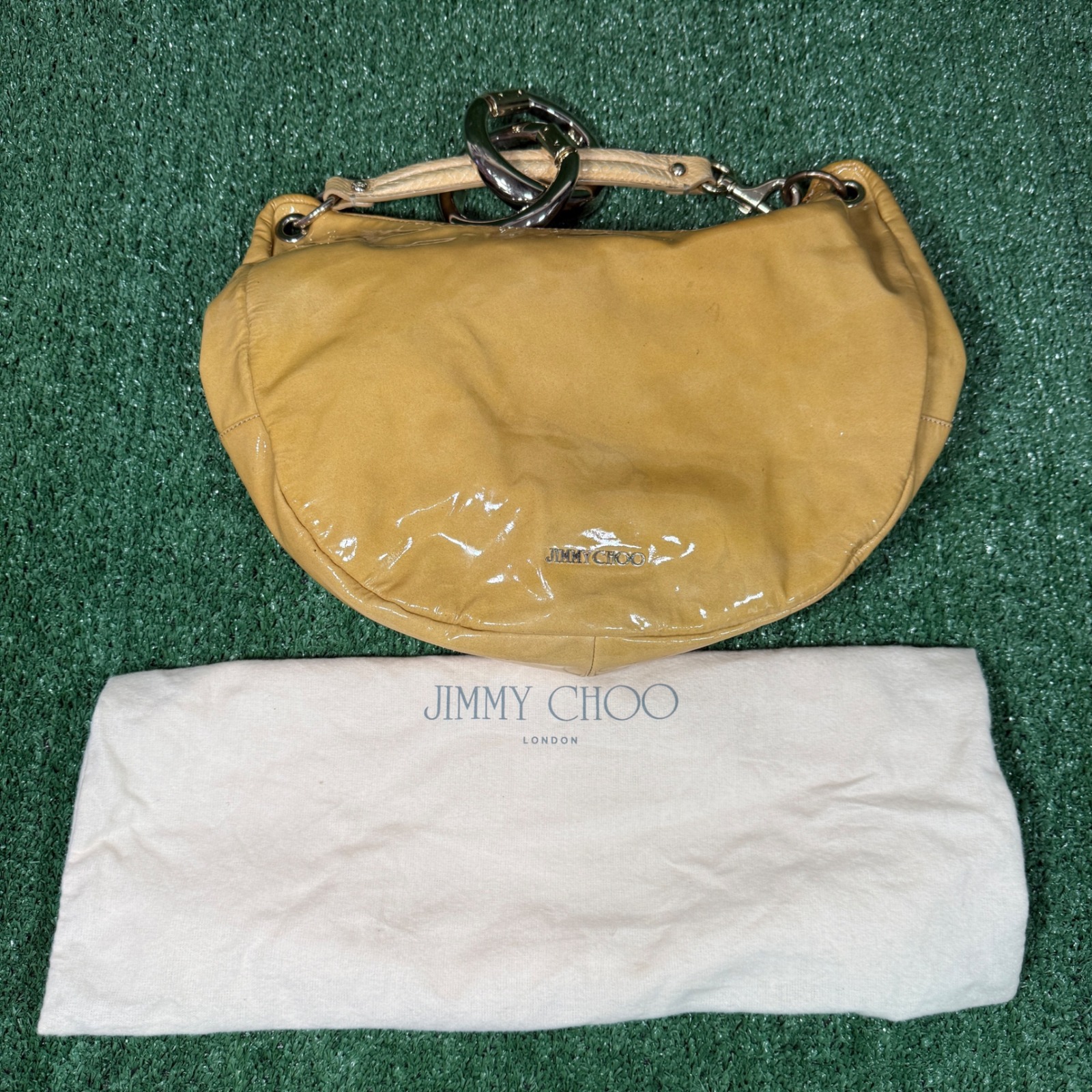 Jimmy Choo Hobo Bag Mustard Yellow Patent Leathersnakeskin Handle Shoulder Bag